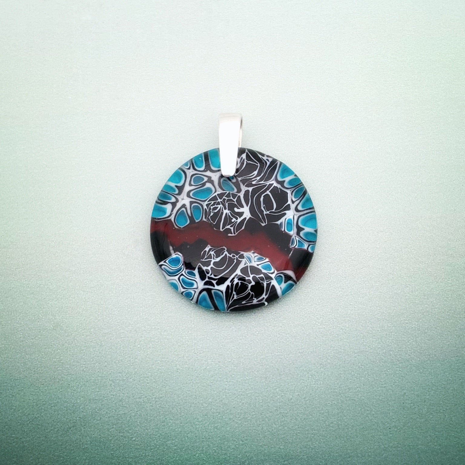 Murrini turquoise red and black 35mm round glass pendant