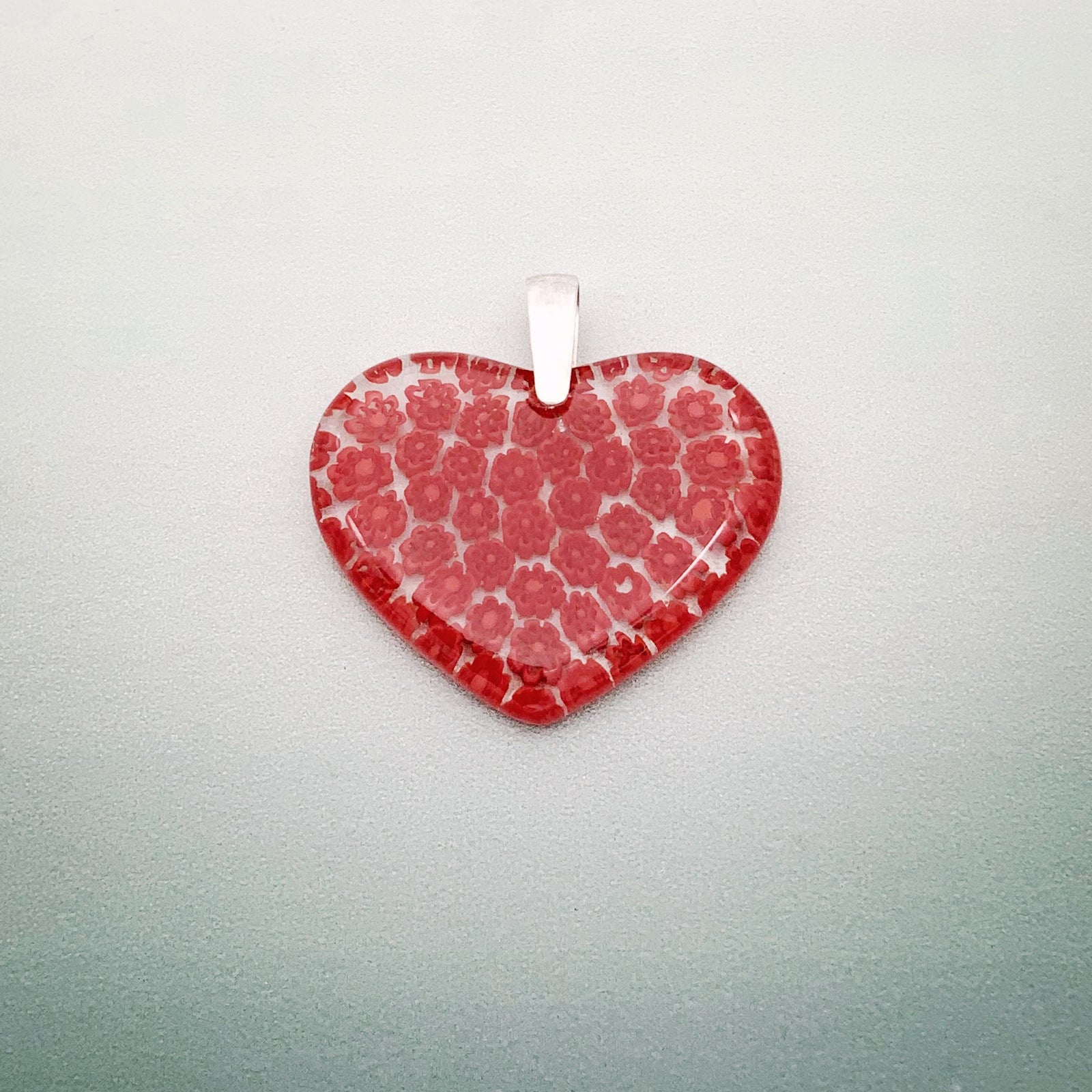 Fused millefiori glass large heart pendant in red fleurette