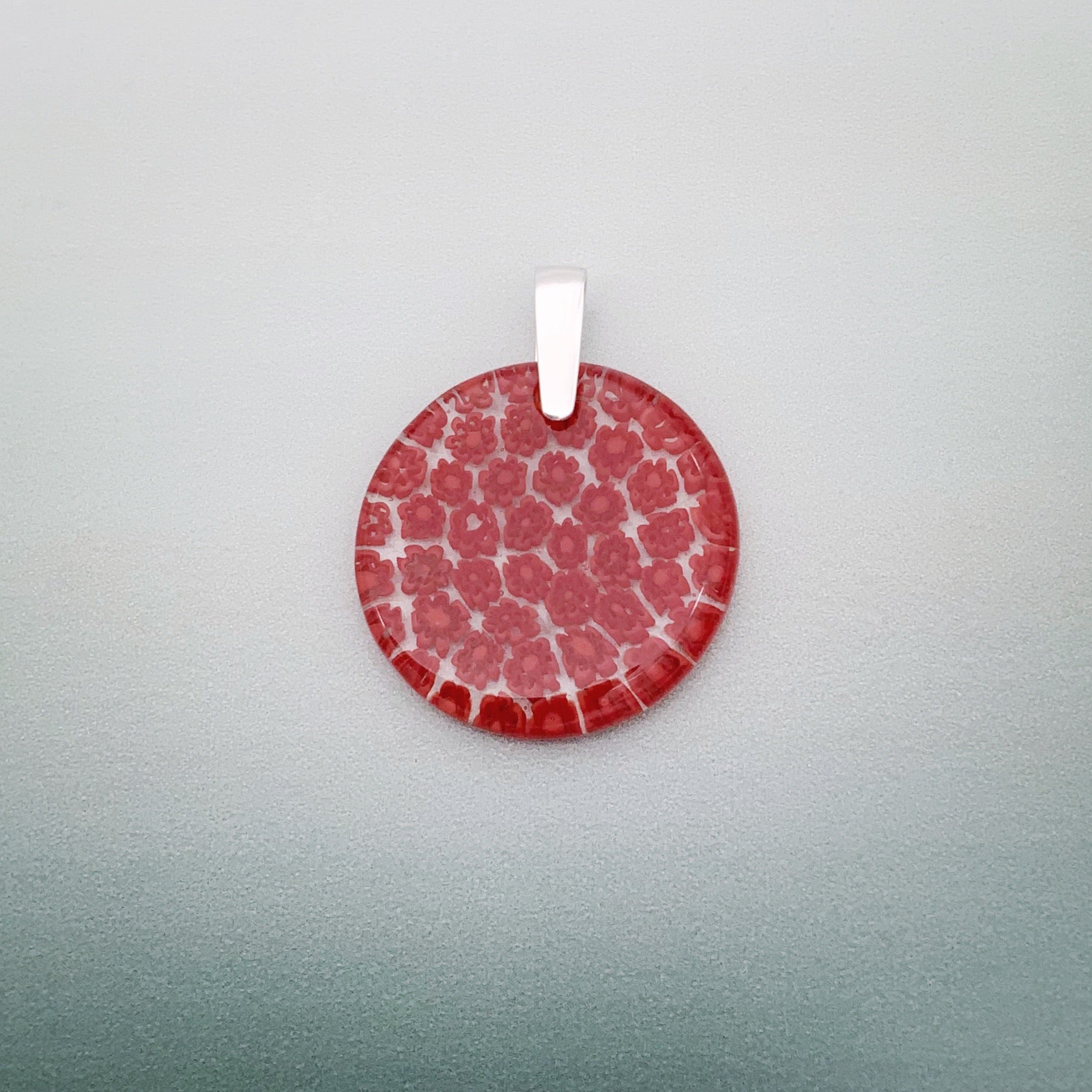 Fused millefiori 35mm round glass pendant in red fleurette