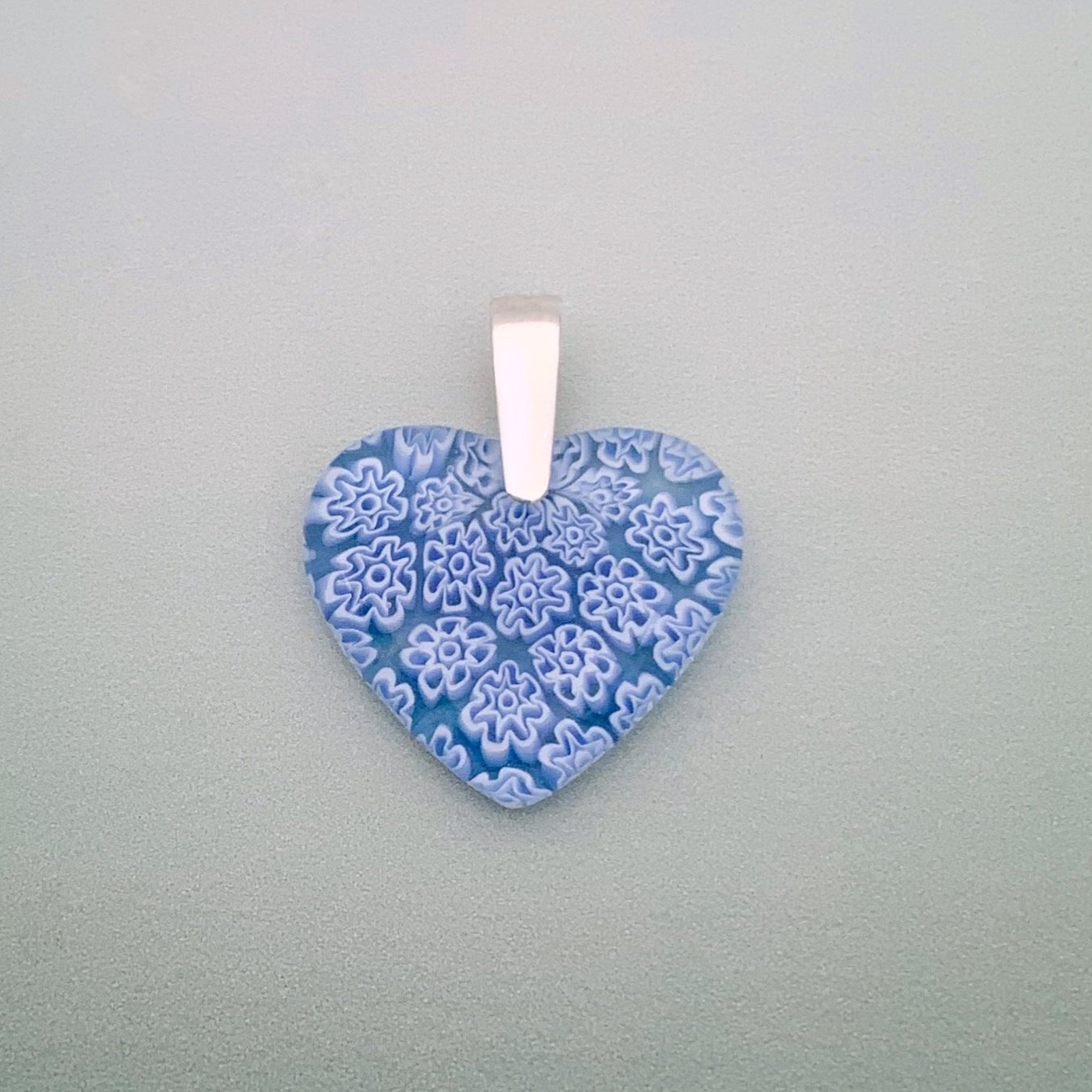 Fused millefiori glass heart pendant in periwinkle fleurette