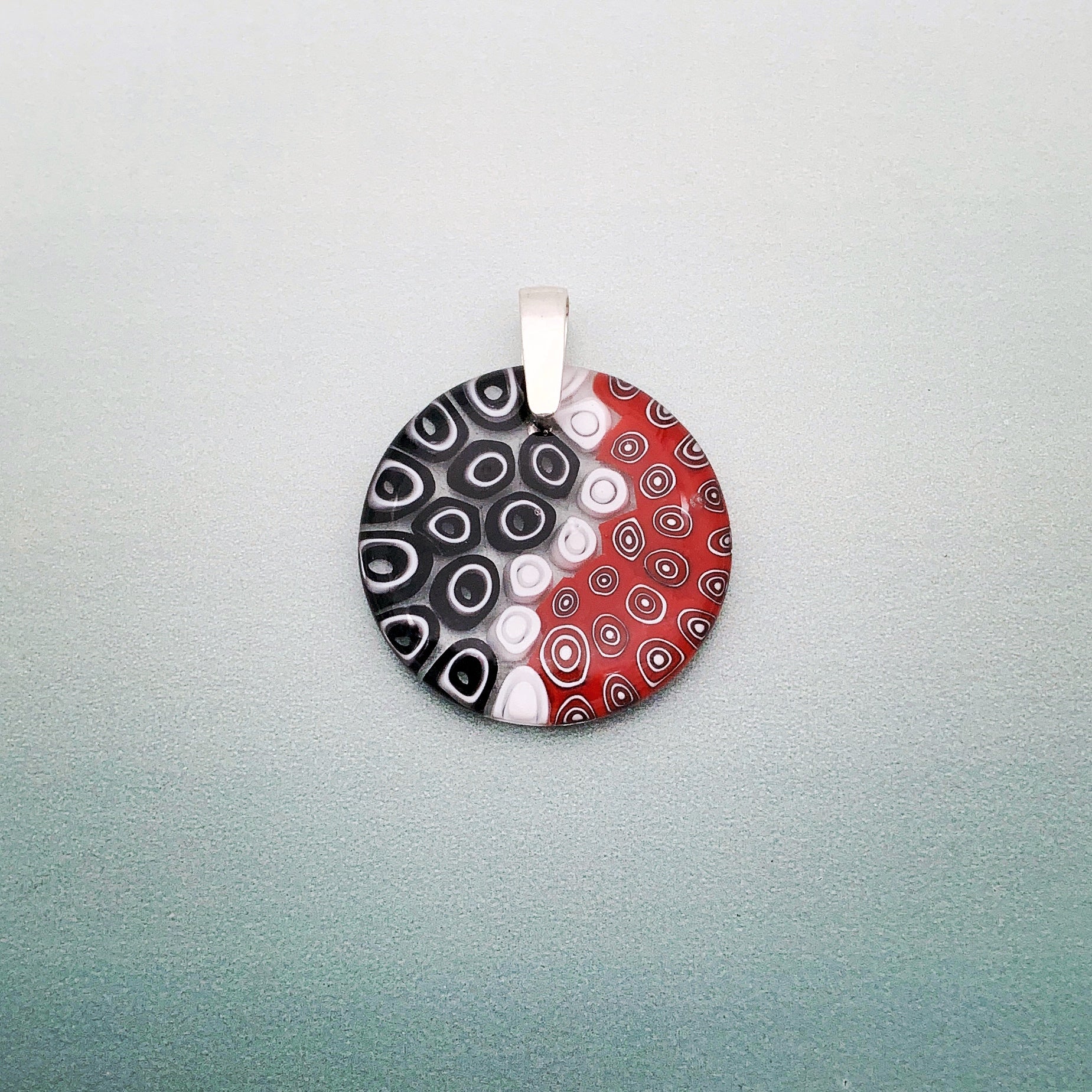Fused millefiori and murrini glass 35mm glass pendant in red, black and white