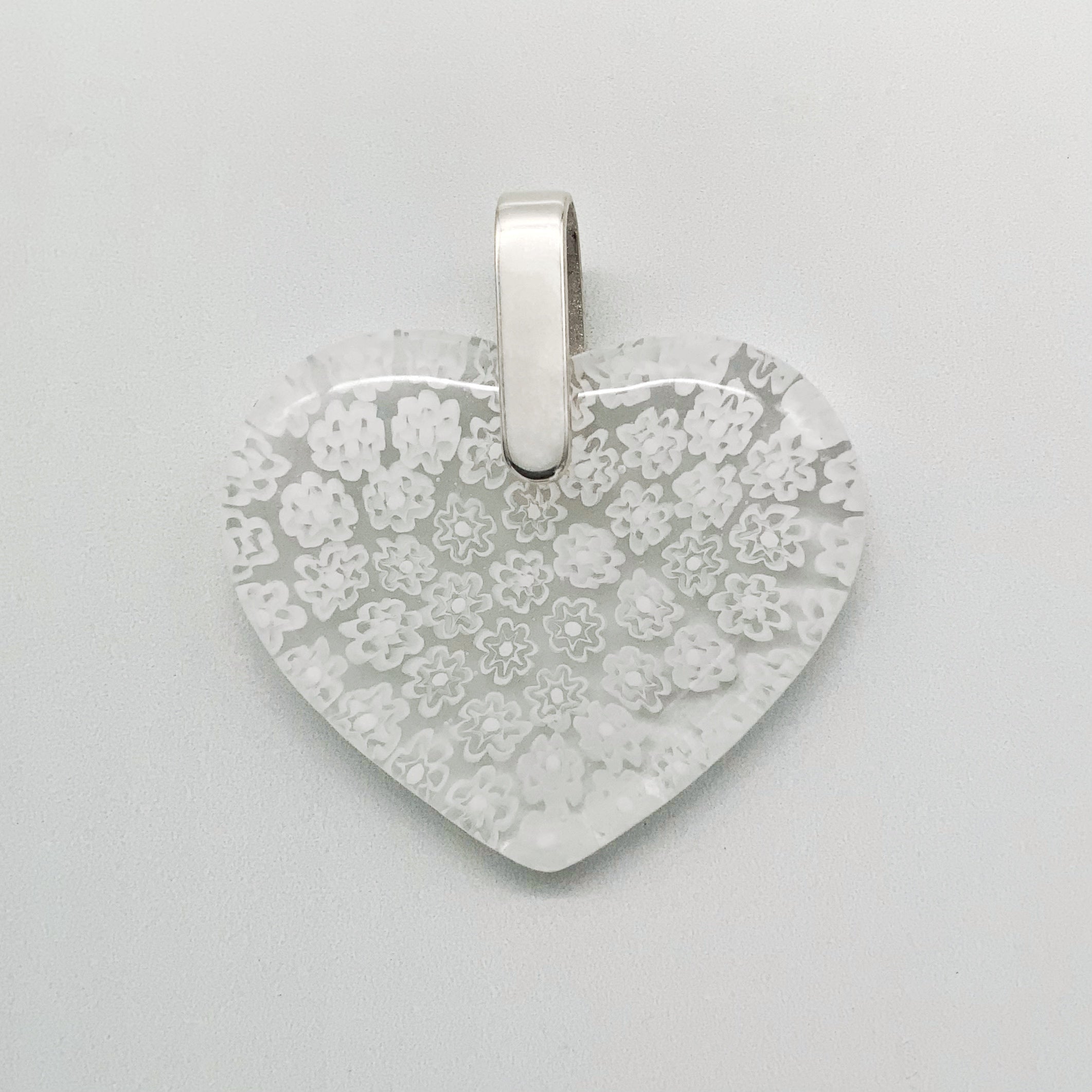 Fused millefiori large glass heart pendant in white fleurette