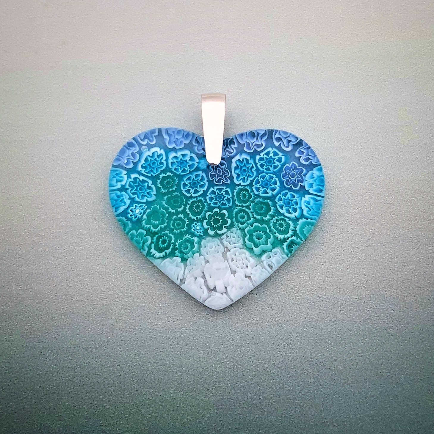 Fused Millefiori glass large heart pendant in aqua cascade fleurette