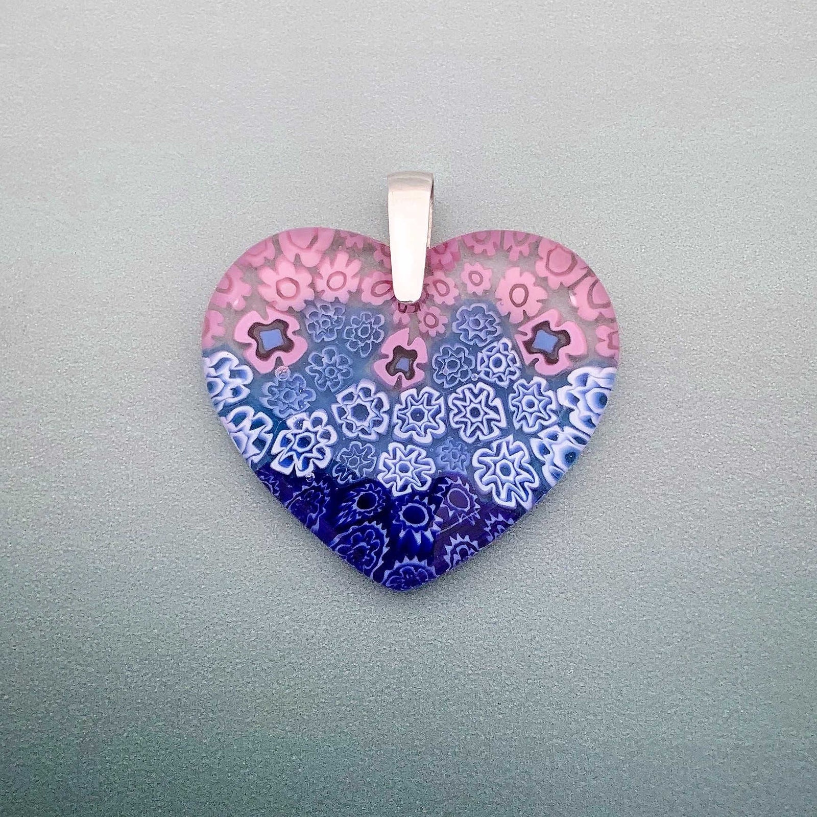 Fused Millefiori glass large heart pendant in flamingo cascade fleurette