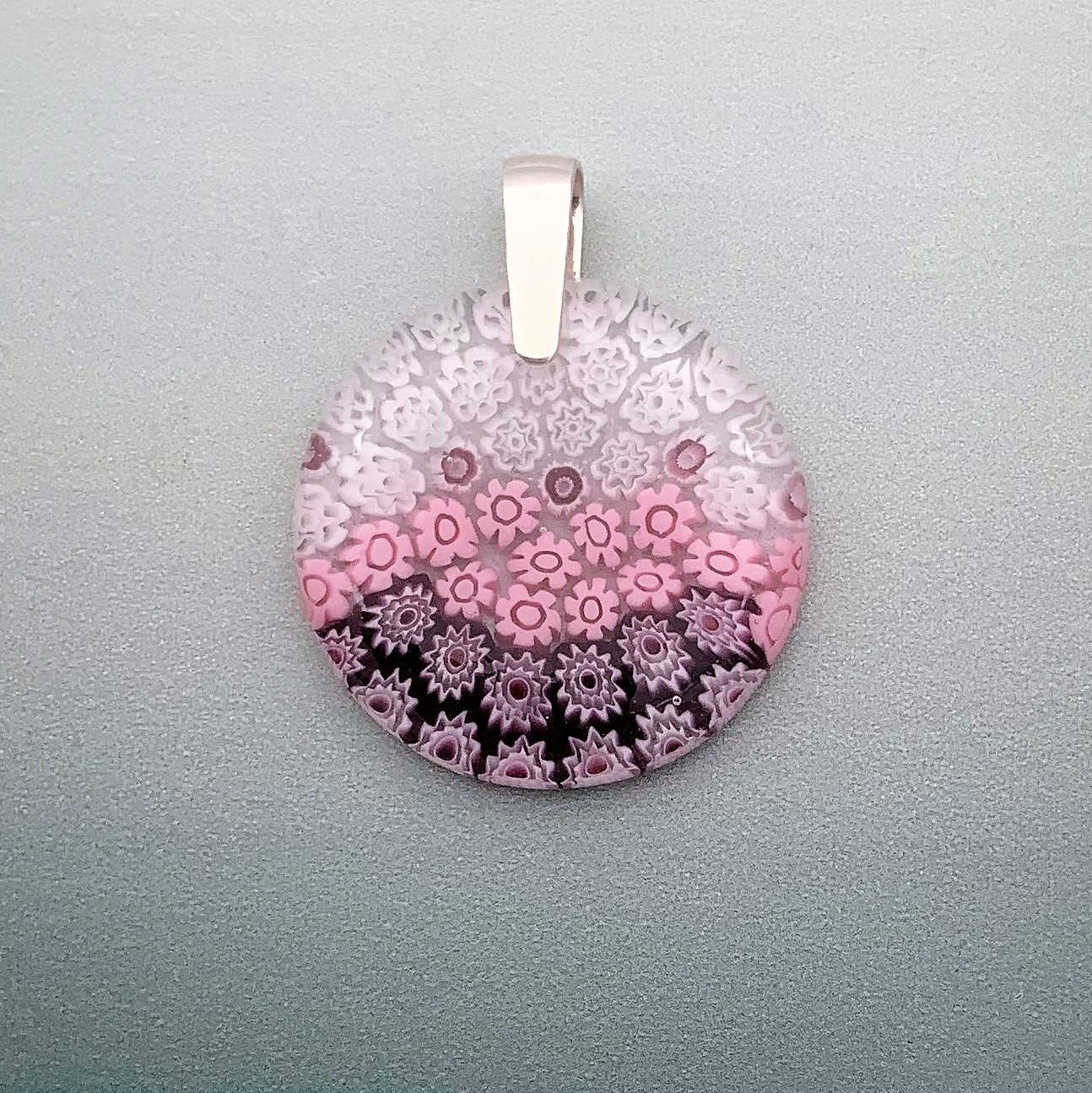 Fused Millefiori glass 35mm round pendant in rose cascade fleurette