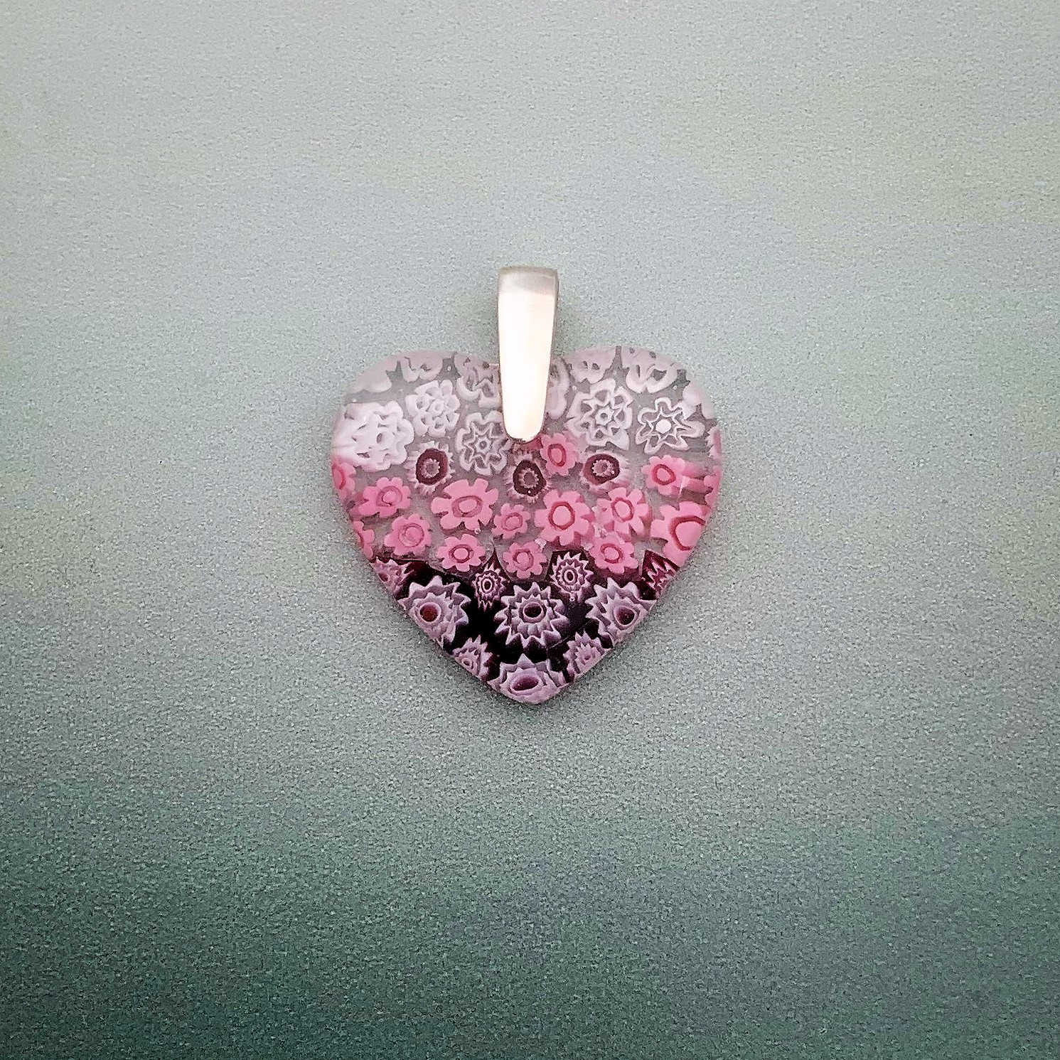 Fused Millefiori glass  small heart  pendant in rose cascade fleurette