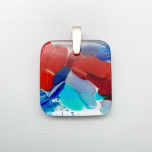 Designer Murrini fused glass square pendant with a short silver pinch bail