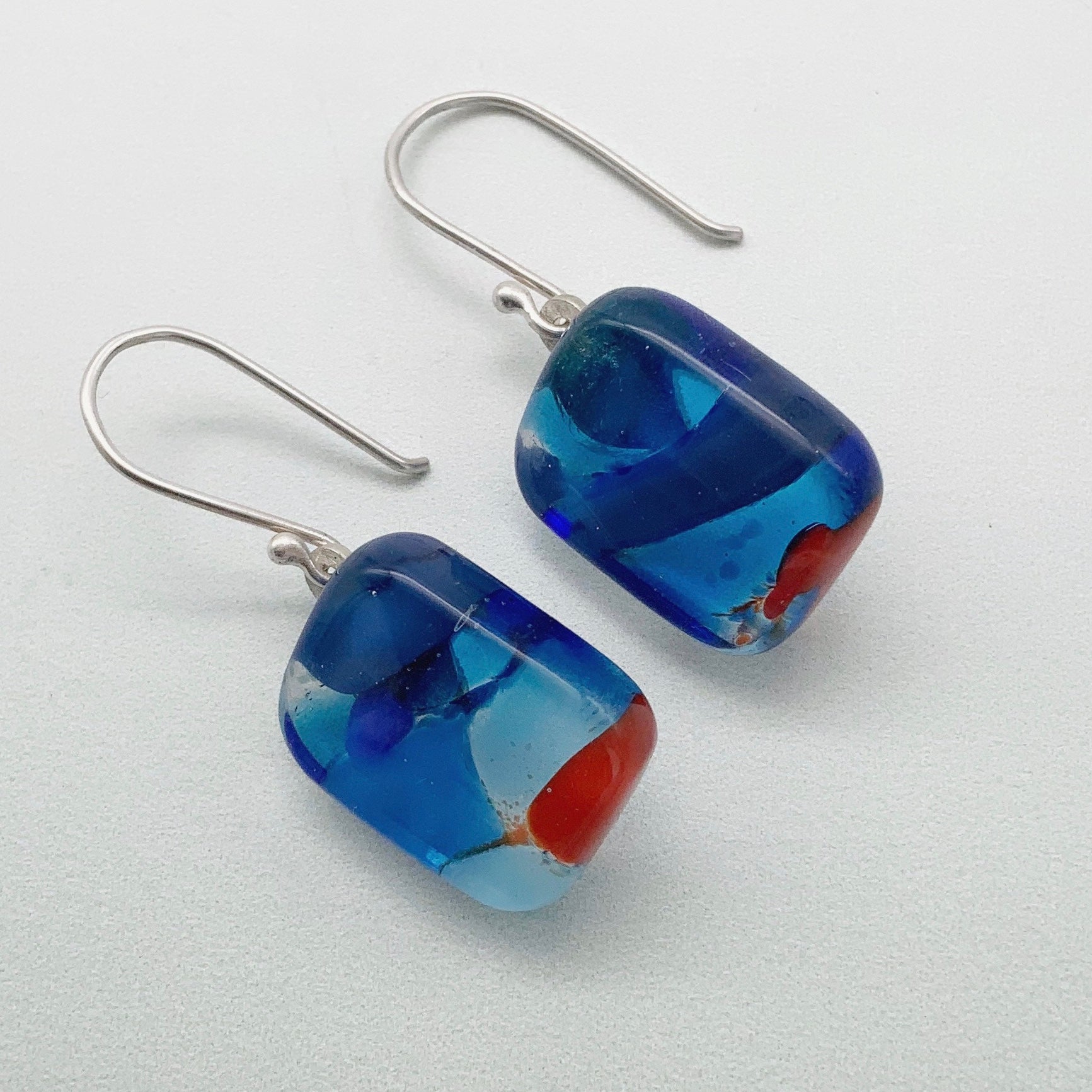 Designer Murrini blue and red square glass dangle earrings