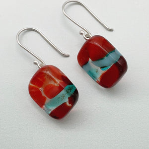Designer Murrini blue and red square glass dangle earrings