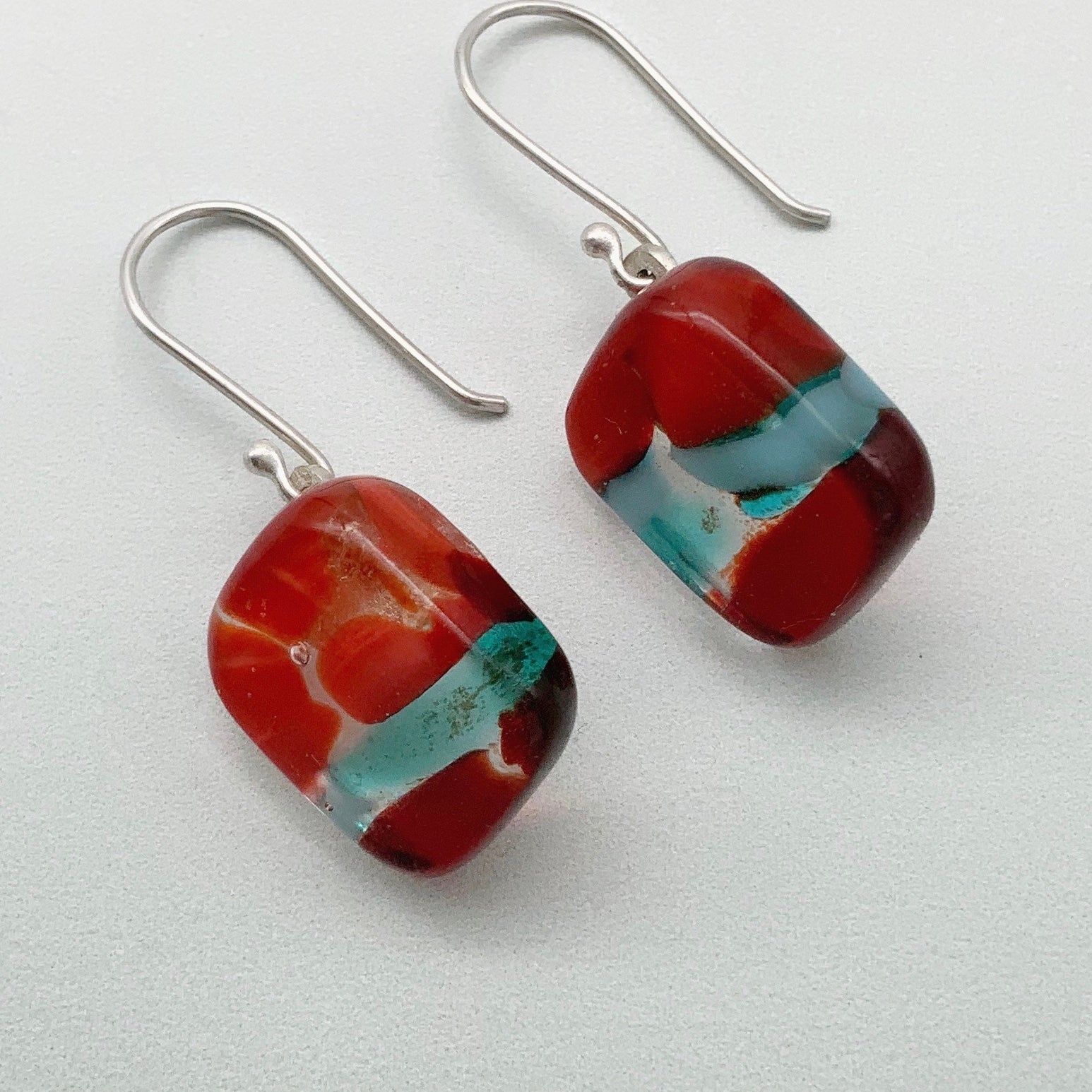 Designer Murrini blue and red square glass dangle earrings