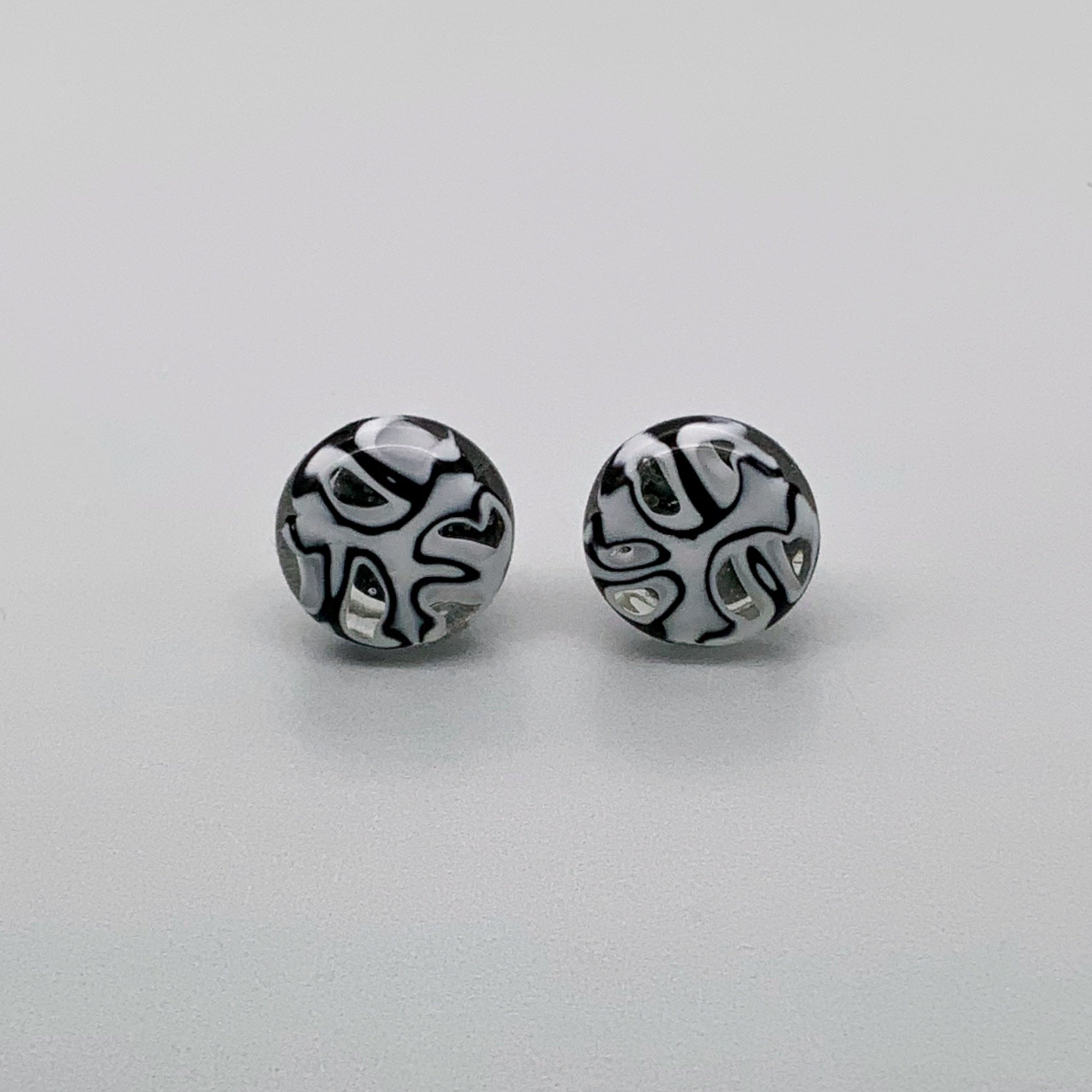 Fused murrini glass black and white  stud earrings