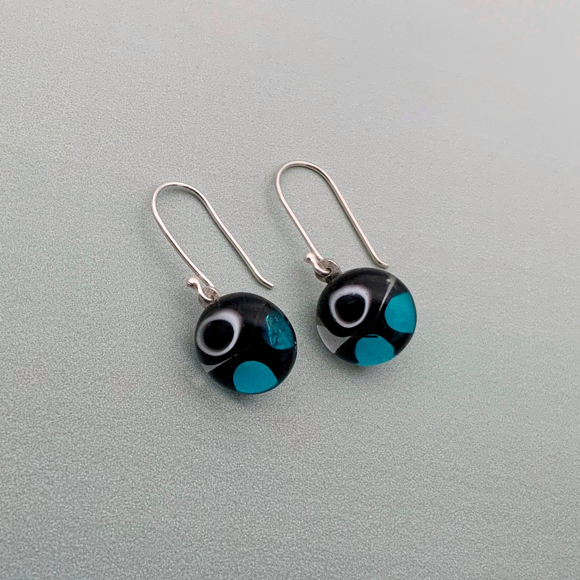 Murrini glass white, turquoise and black glass dangle earrings