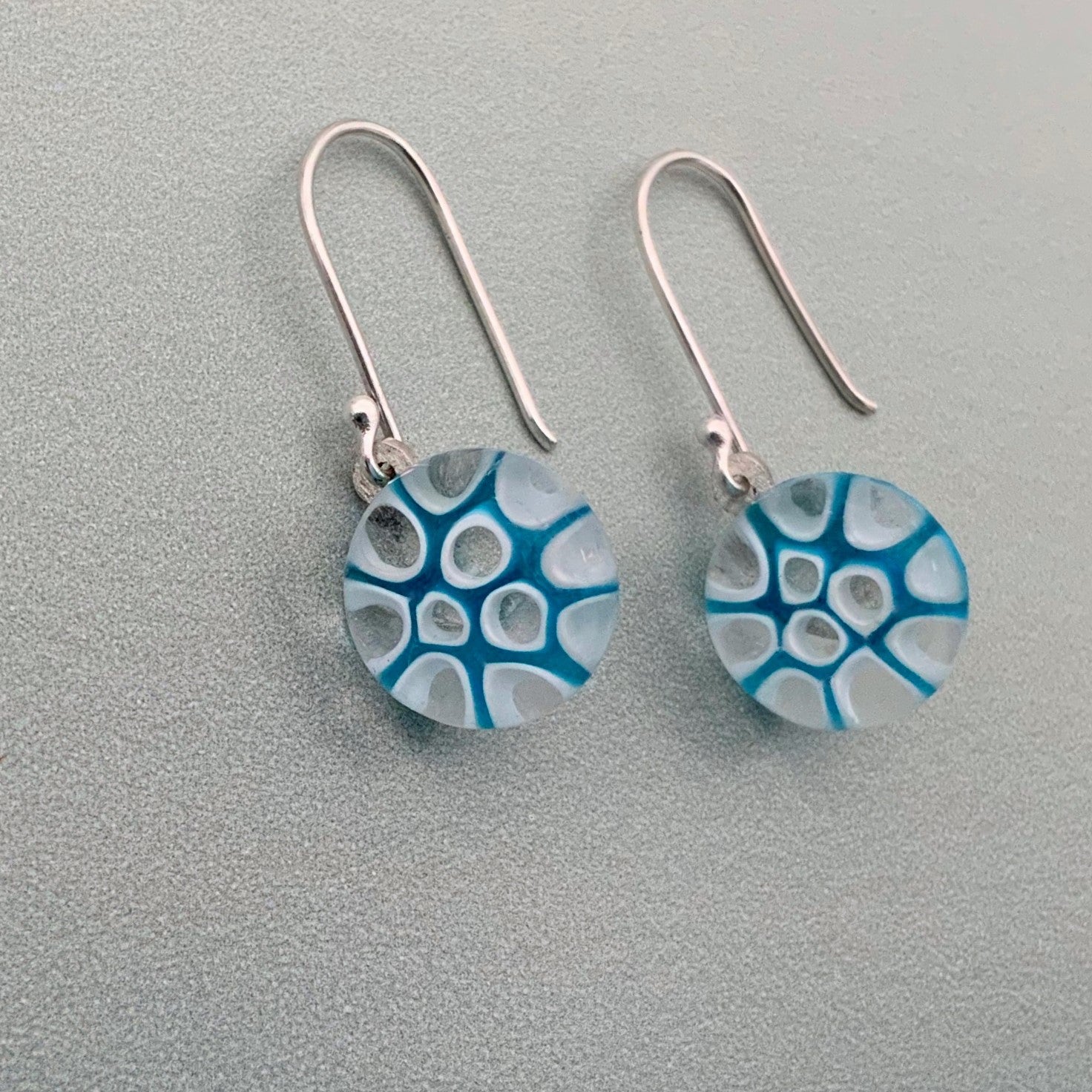 Murrini glass turquoise and white dangle earrings