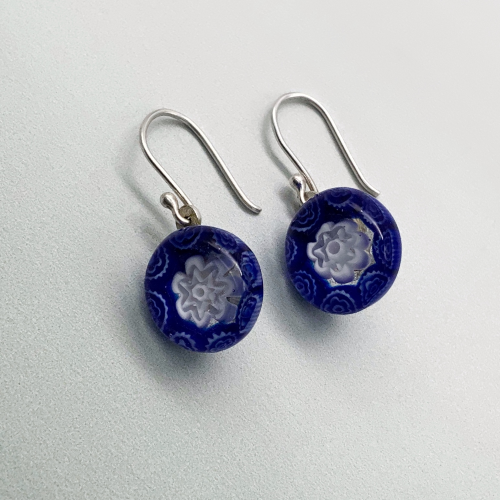 Fused navy and white glass fleurette dangle earrings