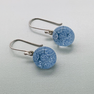 Fused periwinkle glass fleurette dangle earrings