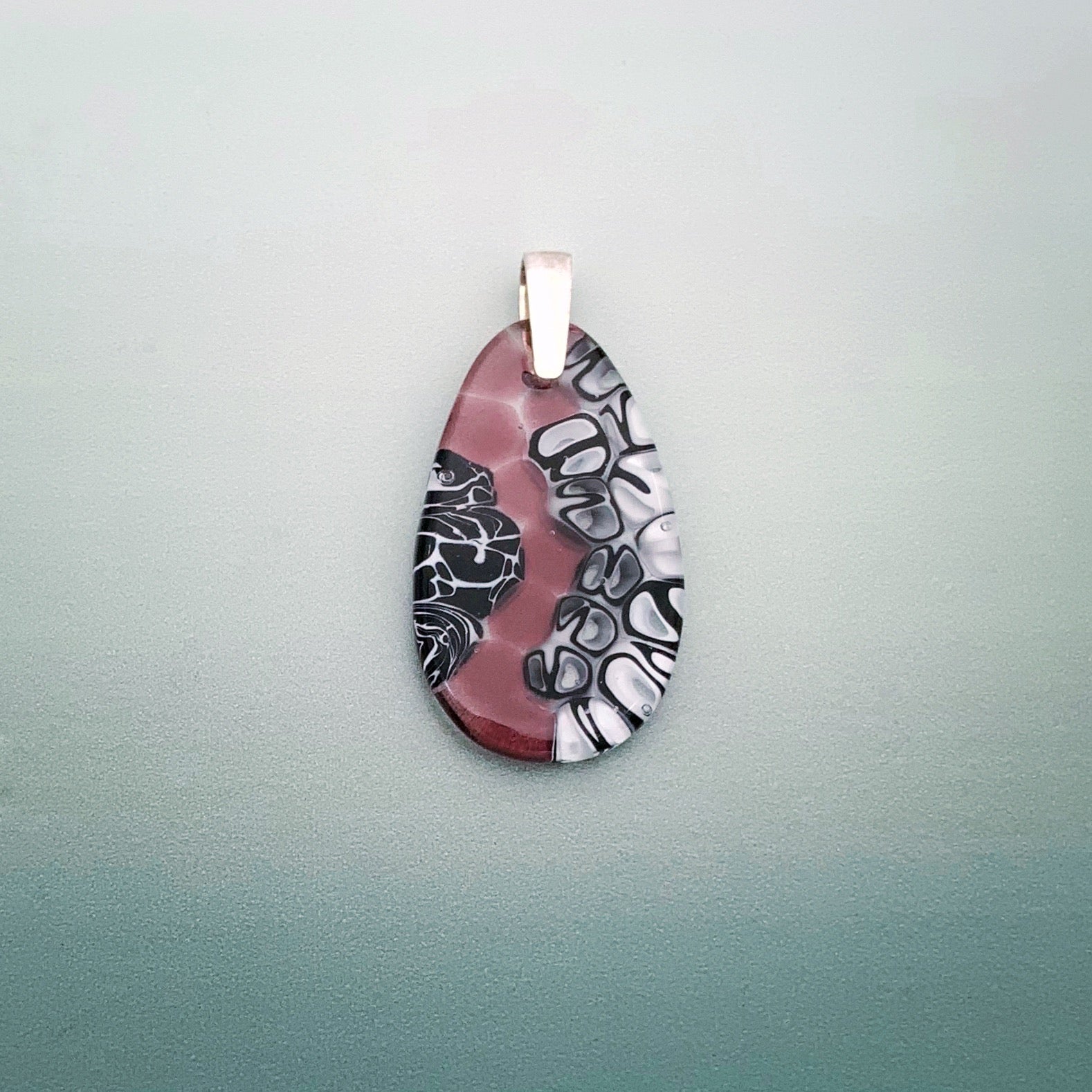Murrini plum black and white drop shaped pendant