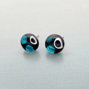 Murrini glass white, turquoise and black stud earrings