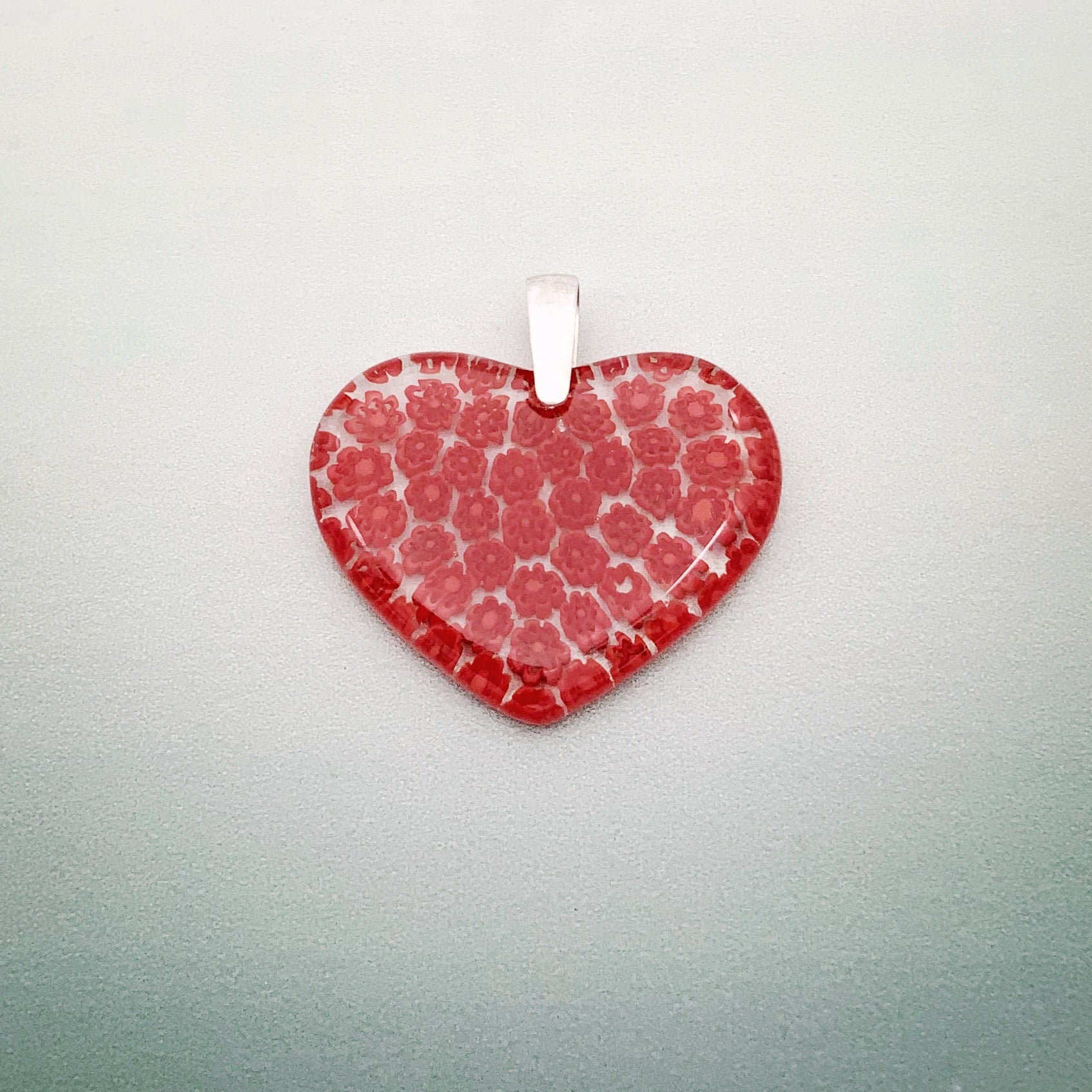 Fused millefiori glass large heart pendant in red fleurette