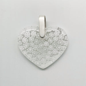 Fused millefiori large glass heart pendant in white fleurette