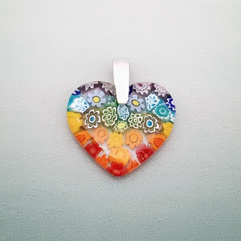Fused Millefiori glass small heart pendant in rainbow fleurette