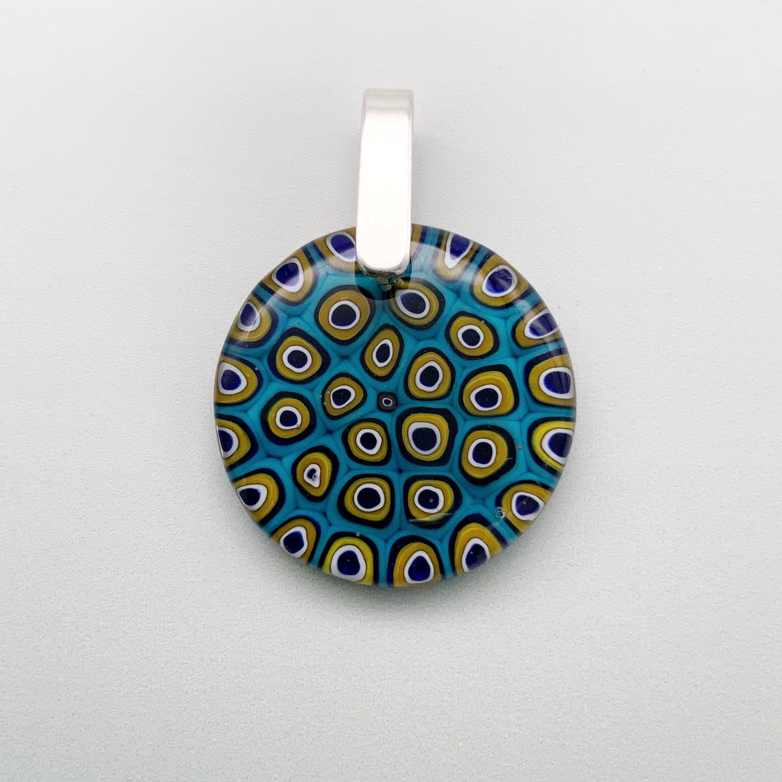 Peacock inspired murrini glass 35mm pendant round