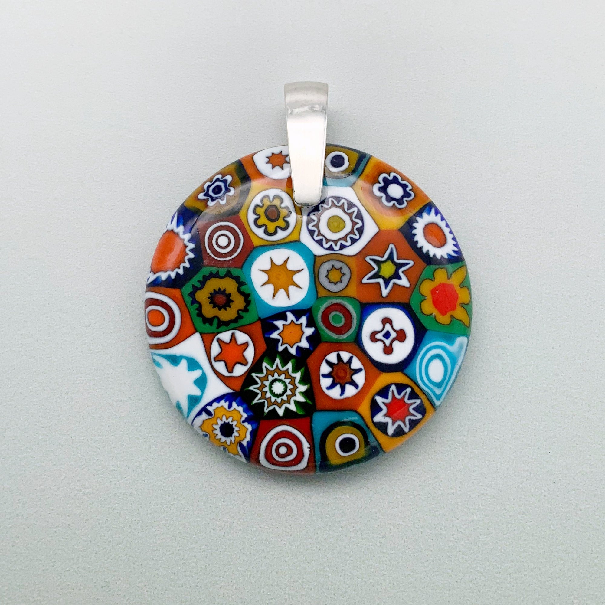 Fused millefiori glass pendant 35mm round with opaque circles, multicolour