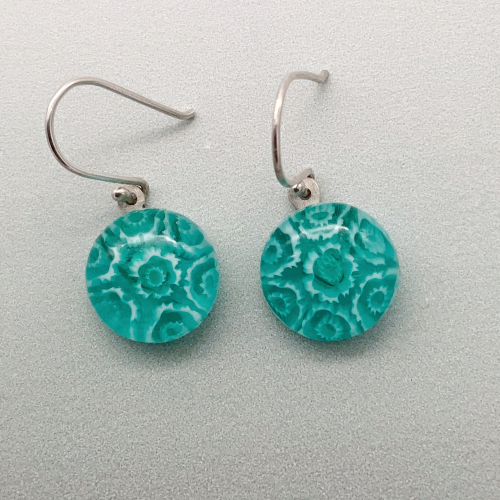 Fused aqua glass fleurette dangle earrings