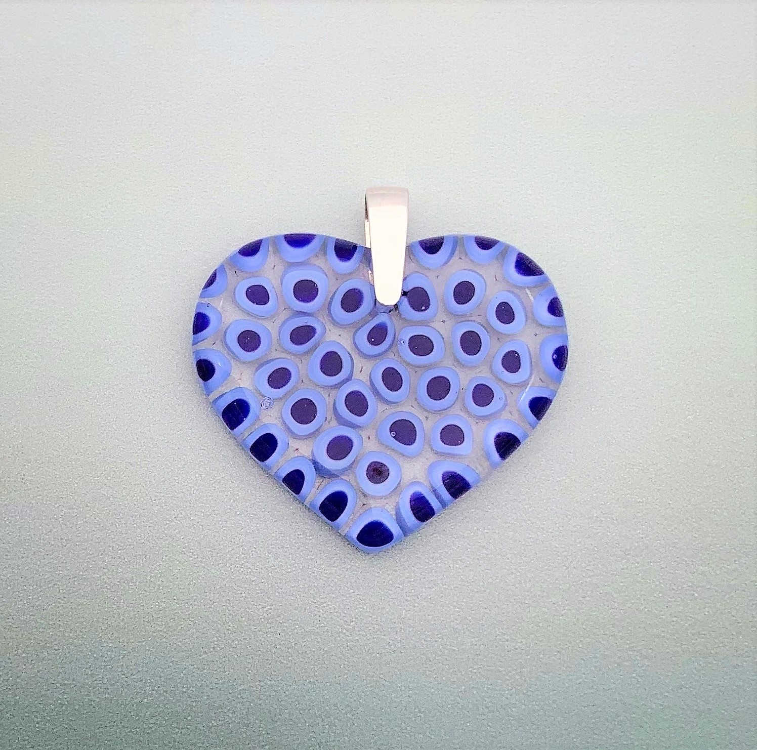 Fused murrini glass heart pendant in blue caviar - large