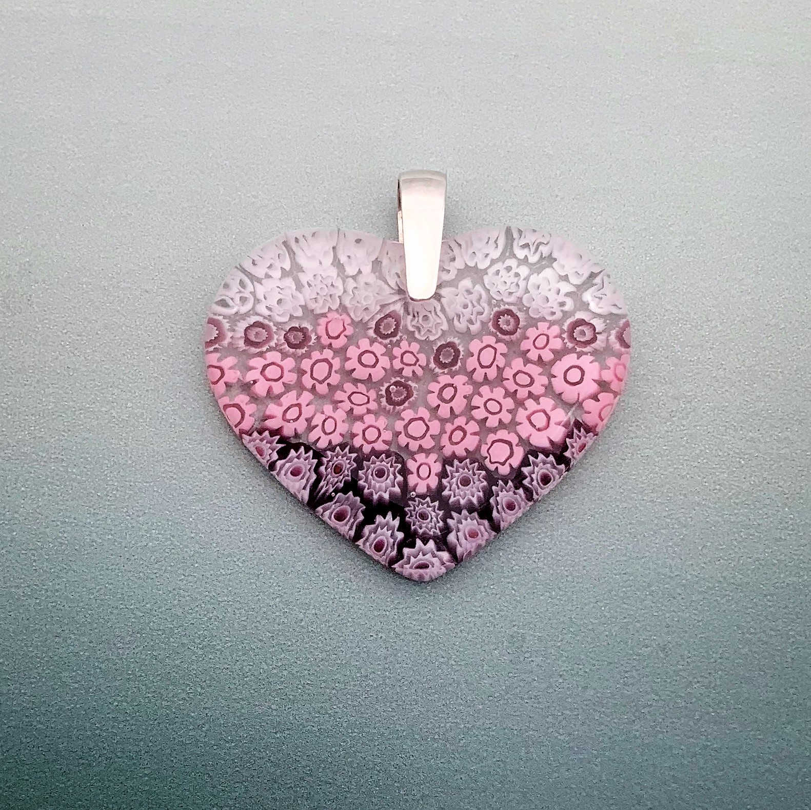 Fused Millefiori glass large heart pendant in rose cascade fleurette