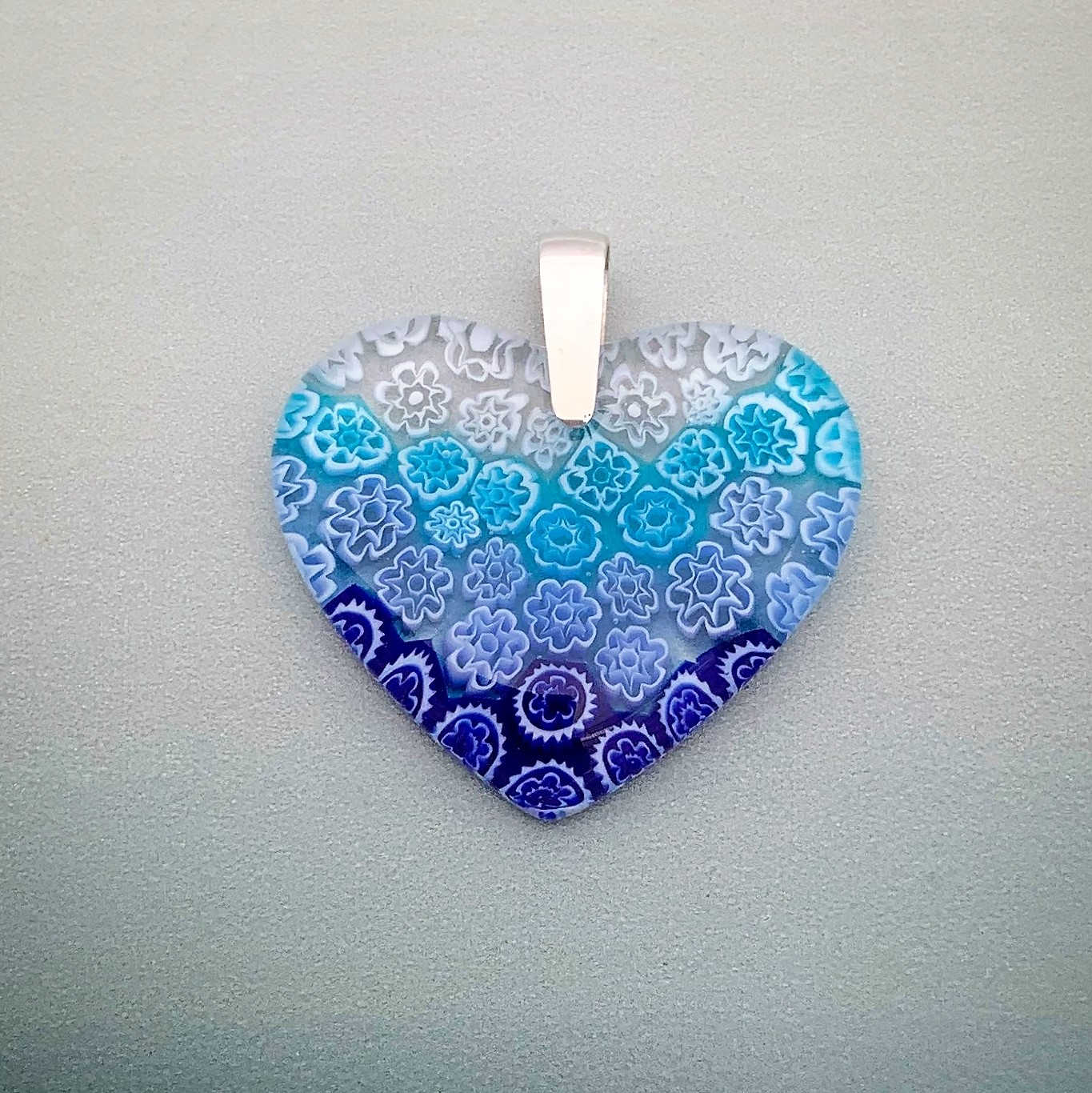 Fused Millefiori glass large heart glass pendant in sky cascade fleurette