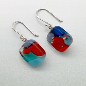 Designer Murrini blue and red square glass dangle earrings