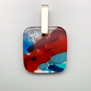 Designer Murrini fused glass square pendant with a short silver pinch bail