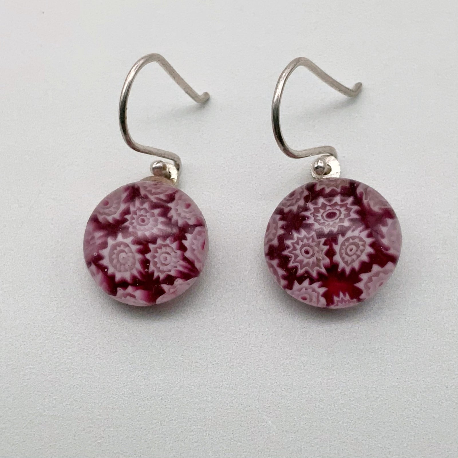 Fused plum glass fleurette dangle earrings