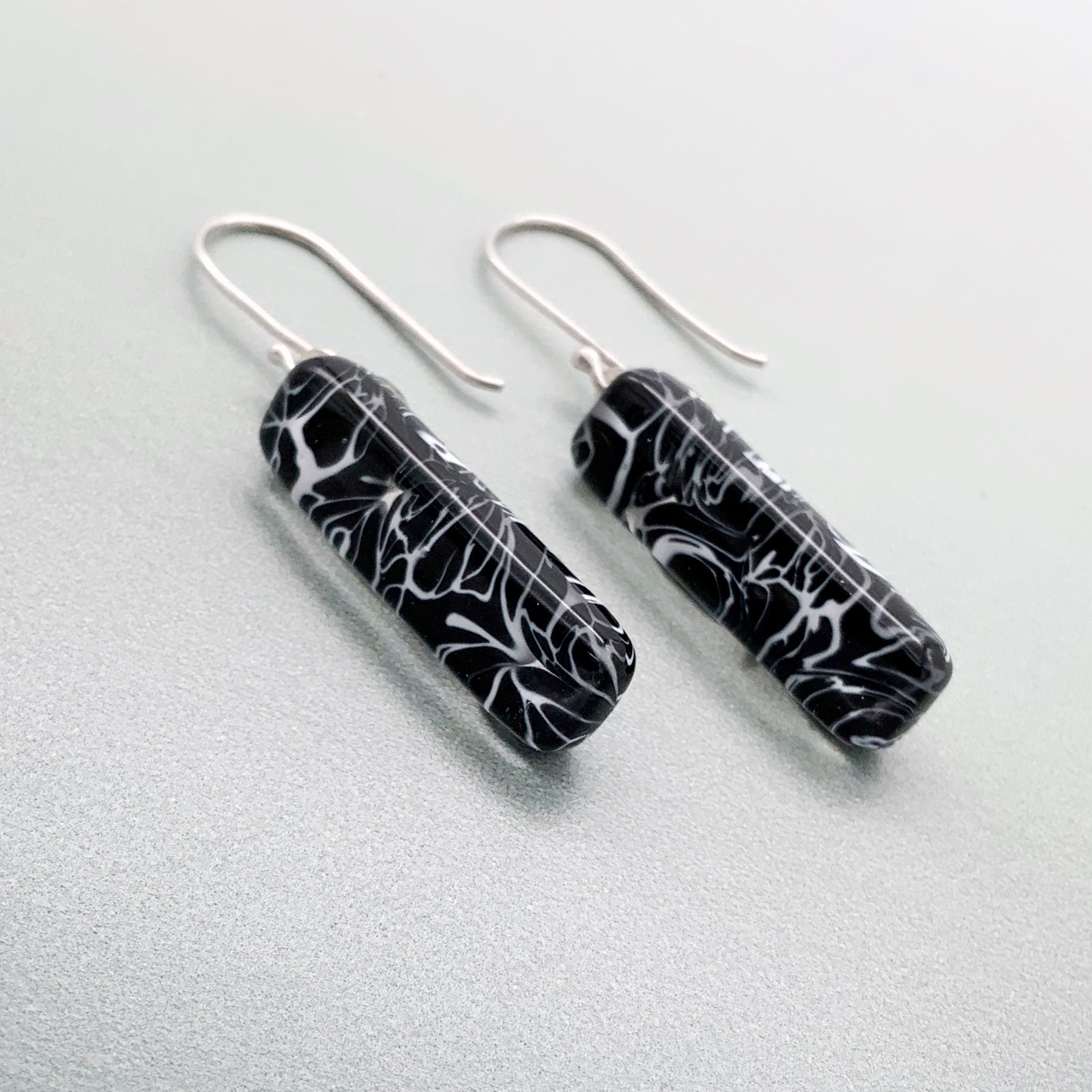 Marmo glass long dangle Earrings -Black and White marble