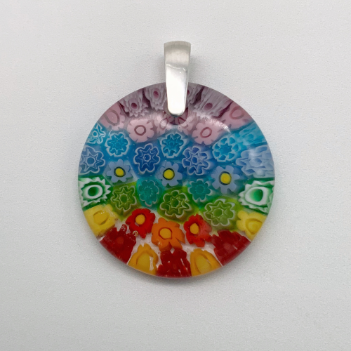 Multi Millefiori 35mm round glass pendant in Rainbow cascades