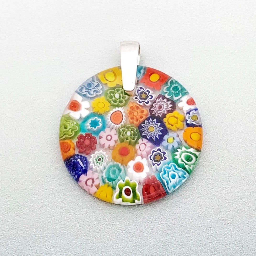 Fused rainbow millefiori glass pendant 35mm