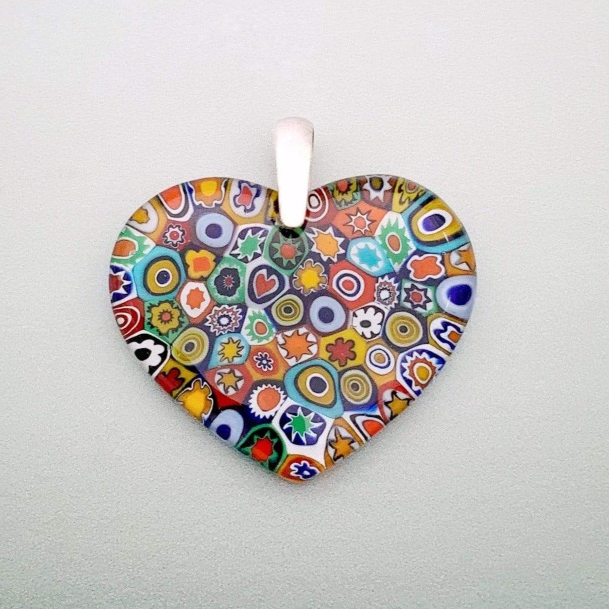 Fused multi color millefiori glass heart pendant - large