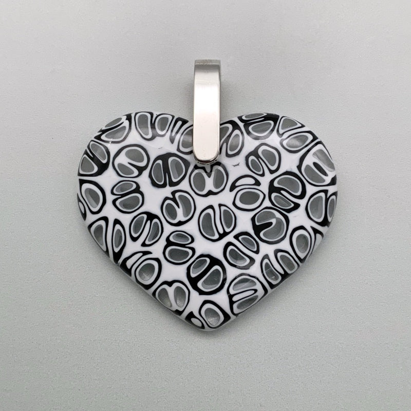 Murrini black and white large heart glass pendant