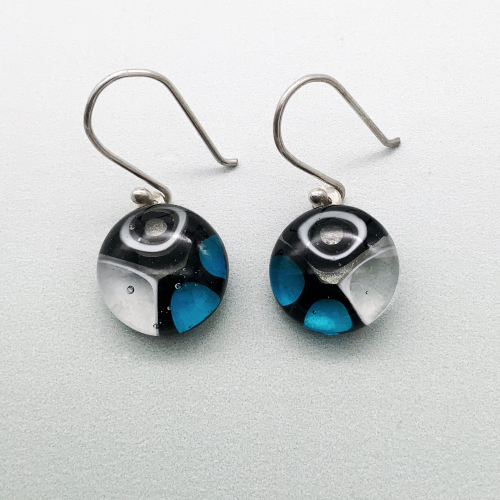 Murrini glass white, turquoise and black glass dangle earrings