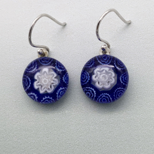 Fused navy and white glass fleurette dangle earrings