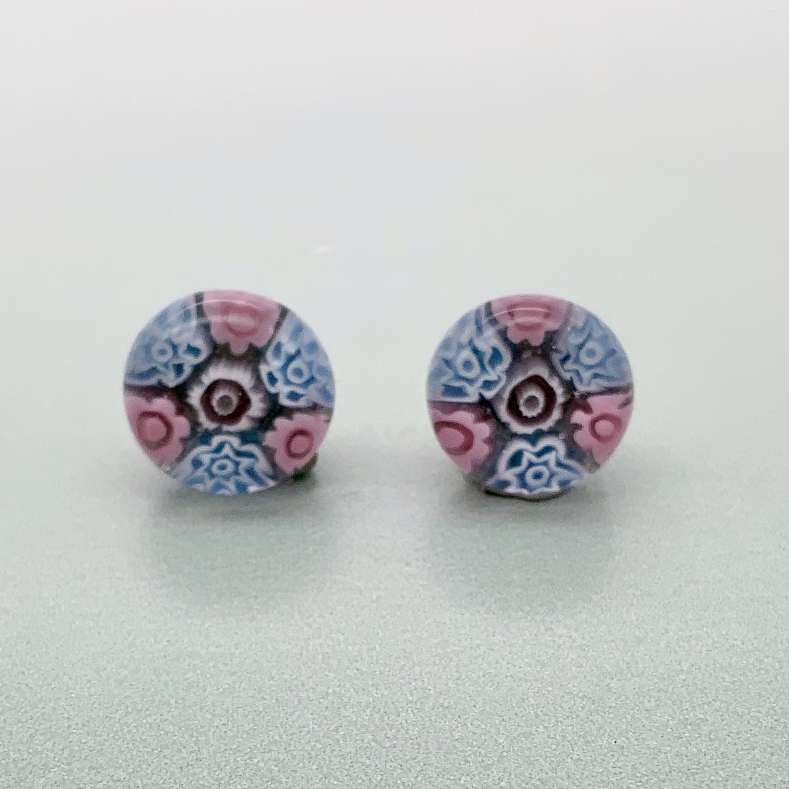 Pink and periwinkle glass fleurette stud earrings