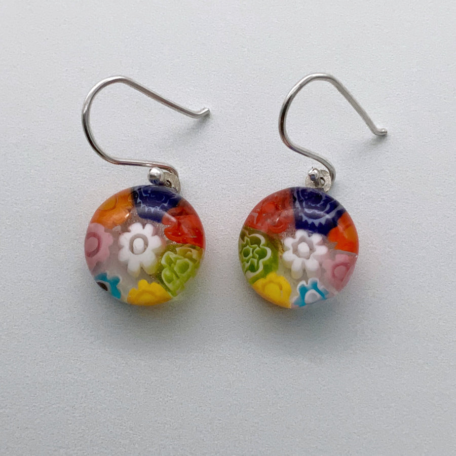 Rainbow millefiori glass dangle earrings