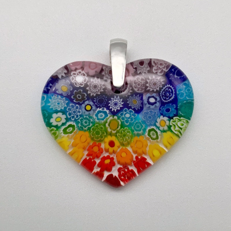 Fused Millefiori glass large heart pendant in rainbow fleurette