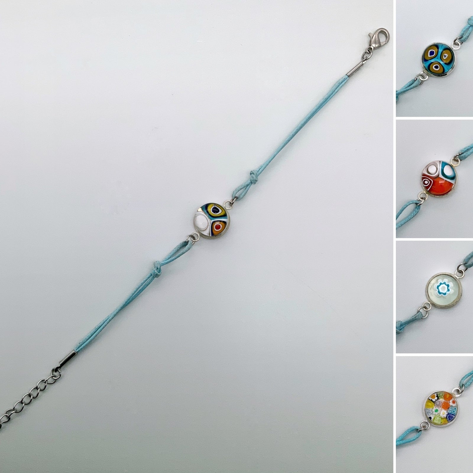 Turquoise bracelets with a mixed selection of glass centers