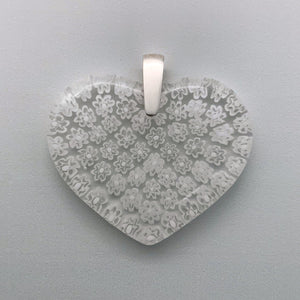 Fused millefiori large glass heart pendant in white fleurette